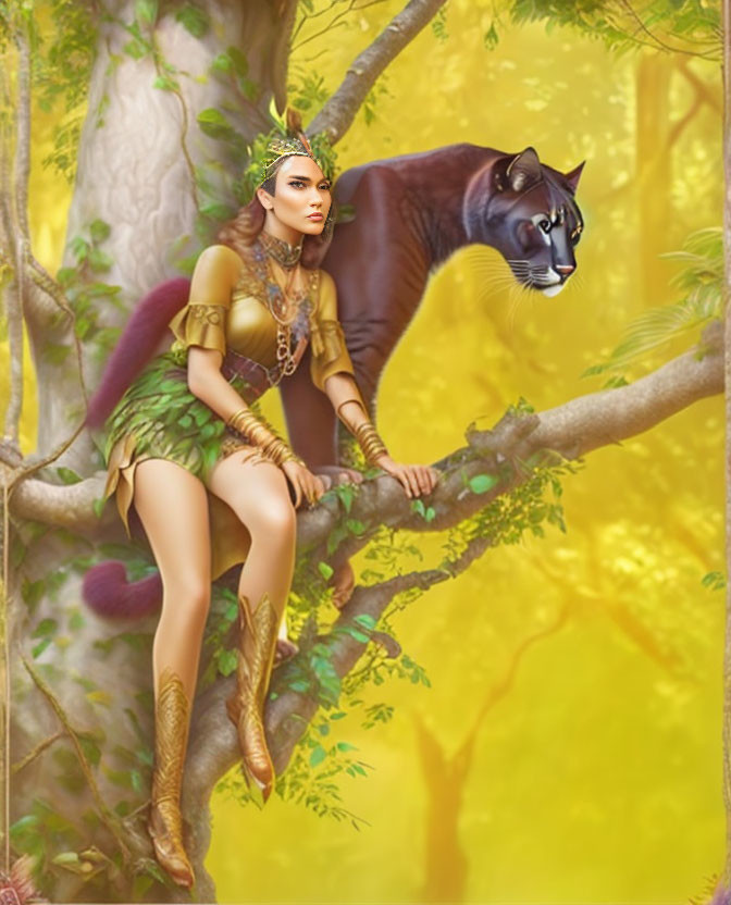 Fantasy image of woman in green and gold outfit with black panther in mystical forest