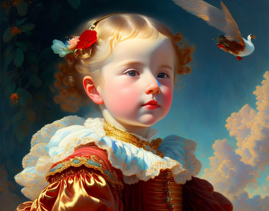 Classic-style painting of fair-skinned child in Elizabethan attire with golden hair, gazing at white