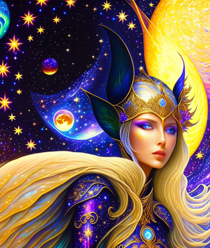 Mythical woman with golden hair in cosmic setting