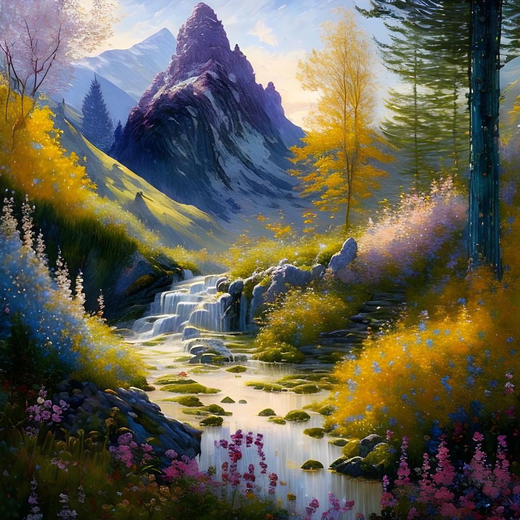 Scenic landscape with waterfall, stream, wildflowers & mountain