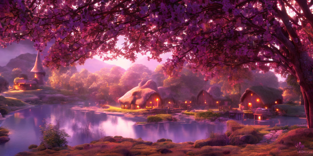 Tranquil fantasy village at dusk with lantern-lit thatched-roof houses, blooming pink