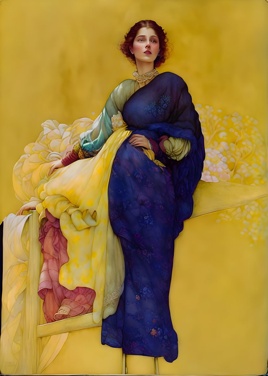 Woman in flowing robes against vibrant backdrop.