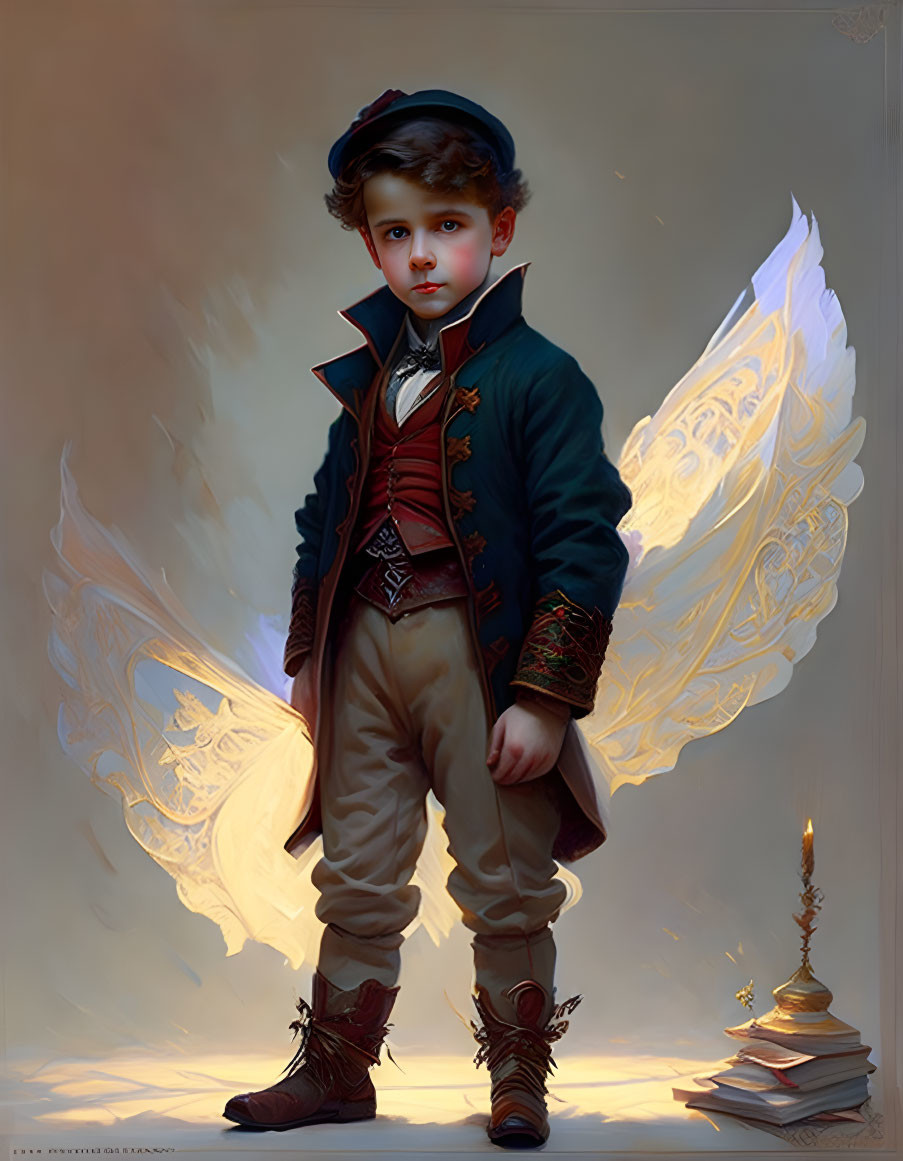 Digital artwork: Young boy with angelic wings in 19th-century attire with books and candle