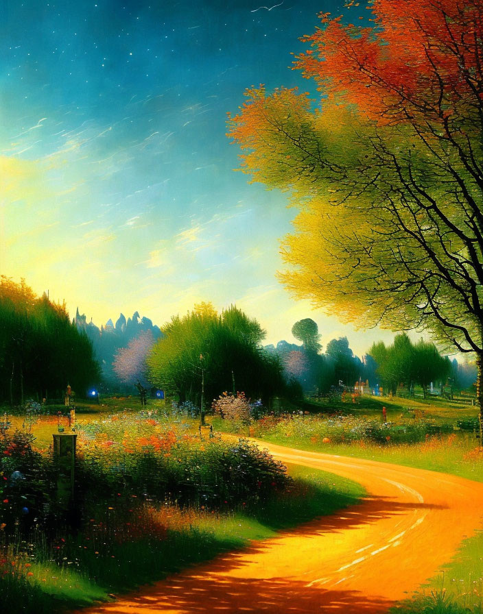 Vibrant digital artwork: idyllic landscape with starry sky, winding path, colorful flora