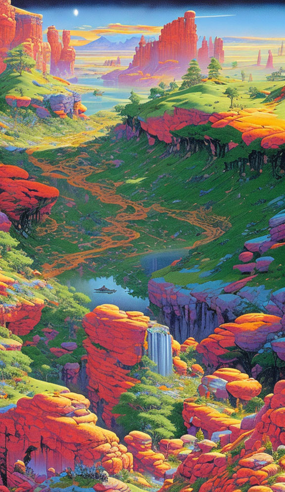 Detailed Fantasy Landscape with Red Rocks, Waterfalls, and River