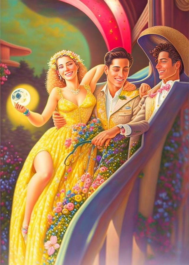 Whimsical scene with three people in colorful attire