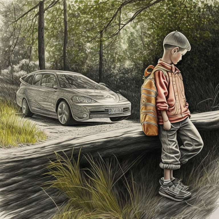 Young boy with backpack by curb gazing at parked car