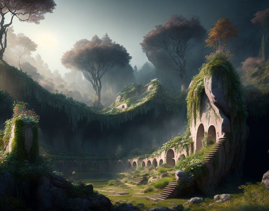 Mystical Landscape with Ancient Stone Structures and Trees