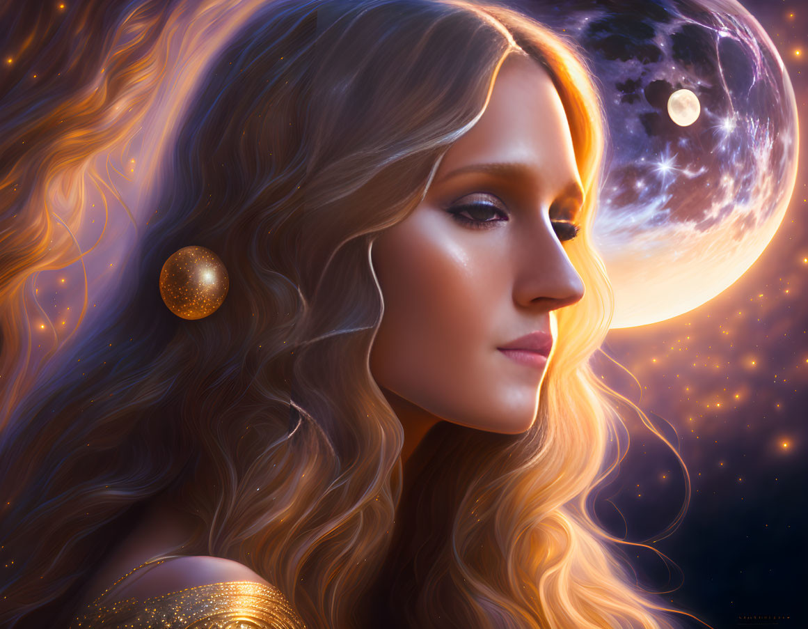 Digital painting: Woman with golden hair and celestial theme