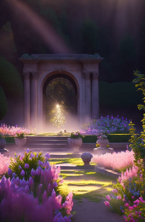 Tranquil garden scene with vibrant flowers and glowing tree at dusk