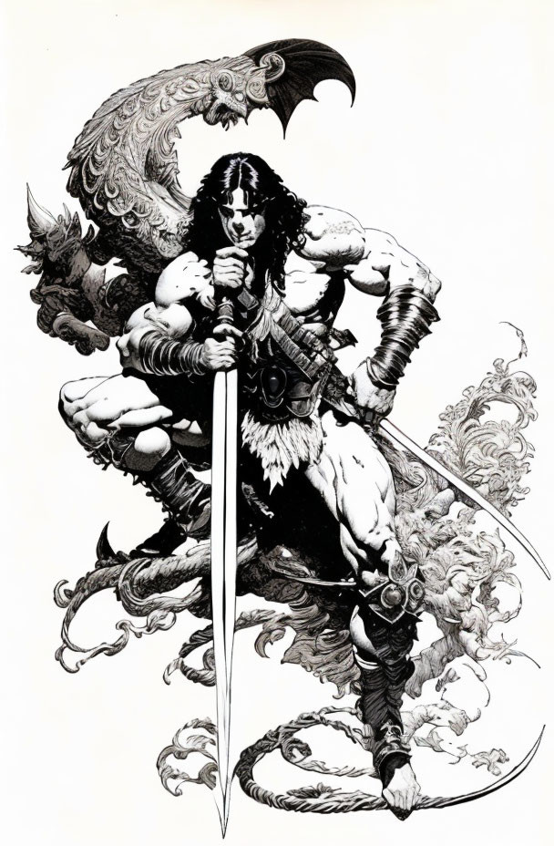 Monochrome illustration of muscular warrior with large sword and fantastical creature