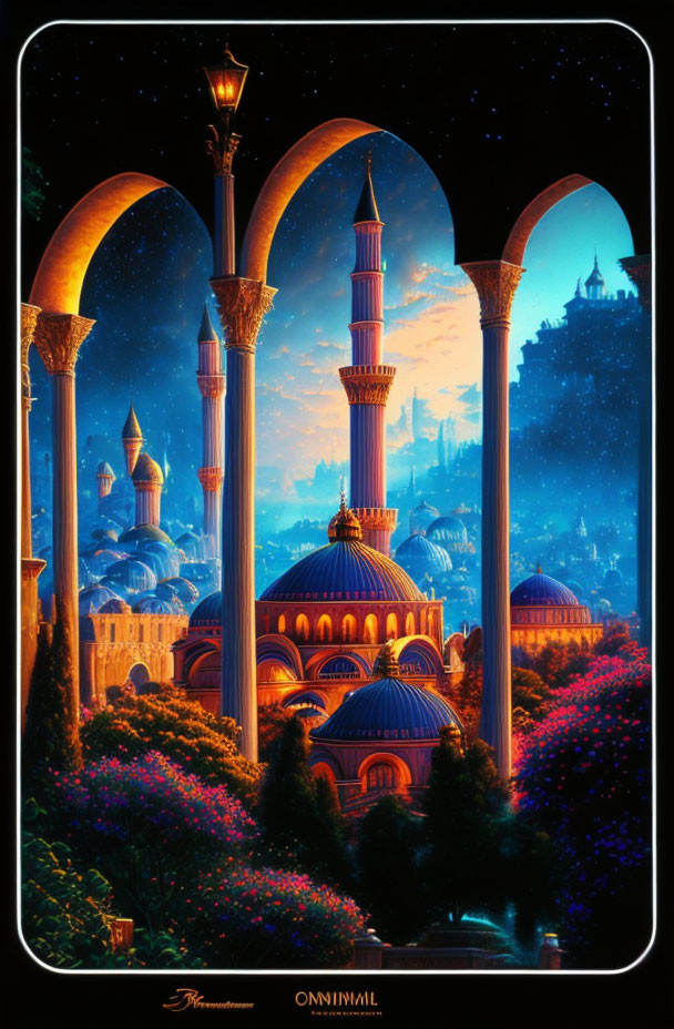 Fantastical night cityscape with illuminated domes, spires, and arches