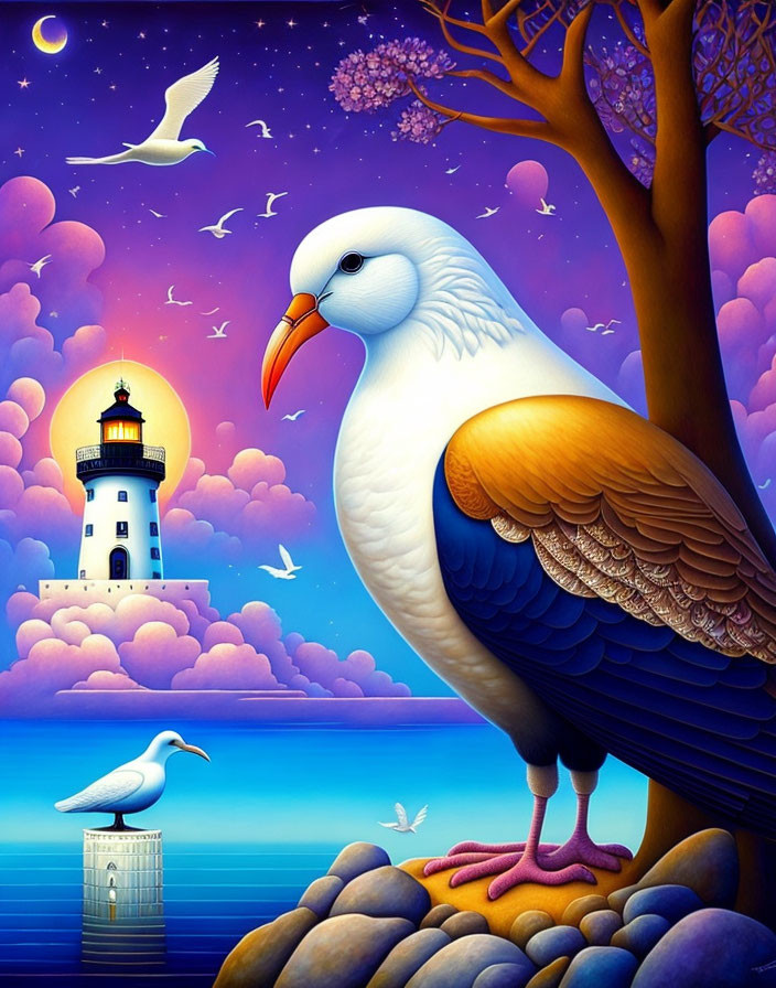 Surreal Coastal Landscape with Colorful Bird and Lighthouse