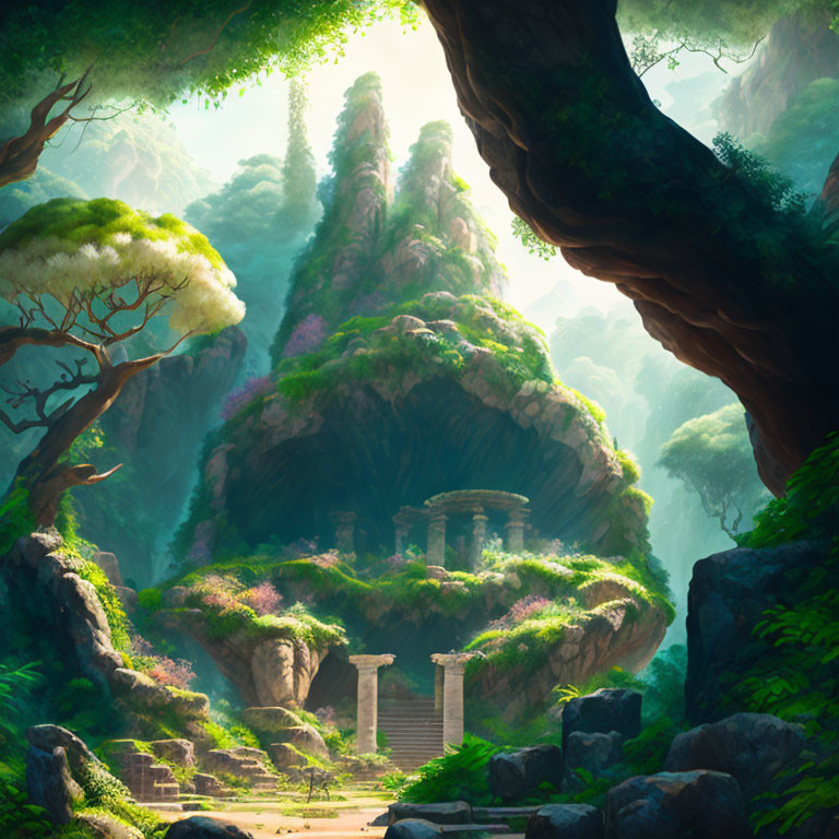 Mystical Landscape with Ancient Ruins and Greenery