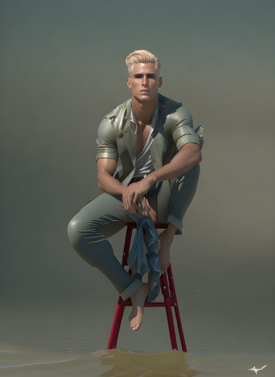 Blond man in golden jacket on red stool in digital art