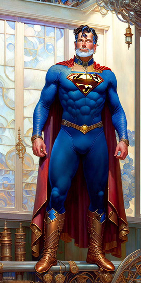 Superman illustration in blue and red costume with cape in elegant room