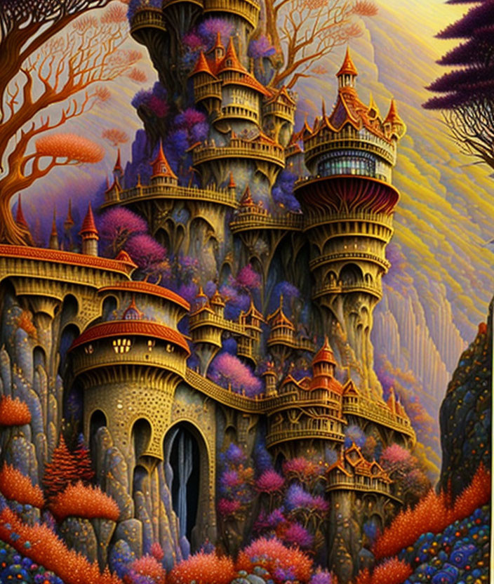 Fantasy castle with towers in autumnal forest setting