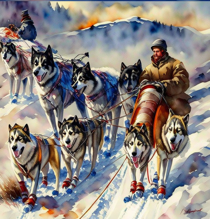 Musher with Huskies Pulling Sled in Snowy Landscape