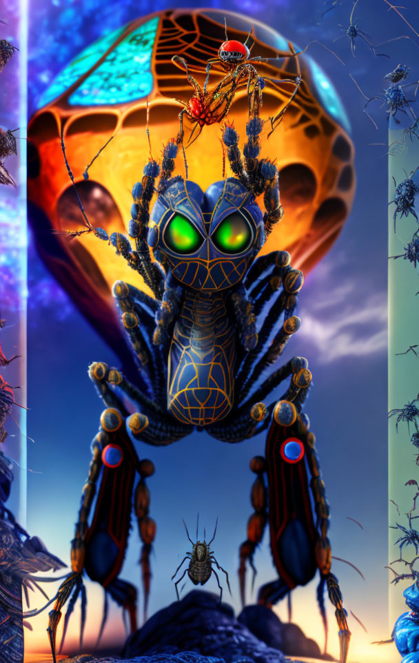 Anthropomorphic spider with neon outlines in surreal cosmic scene