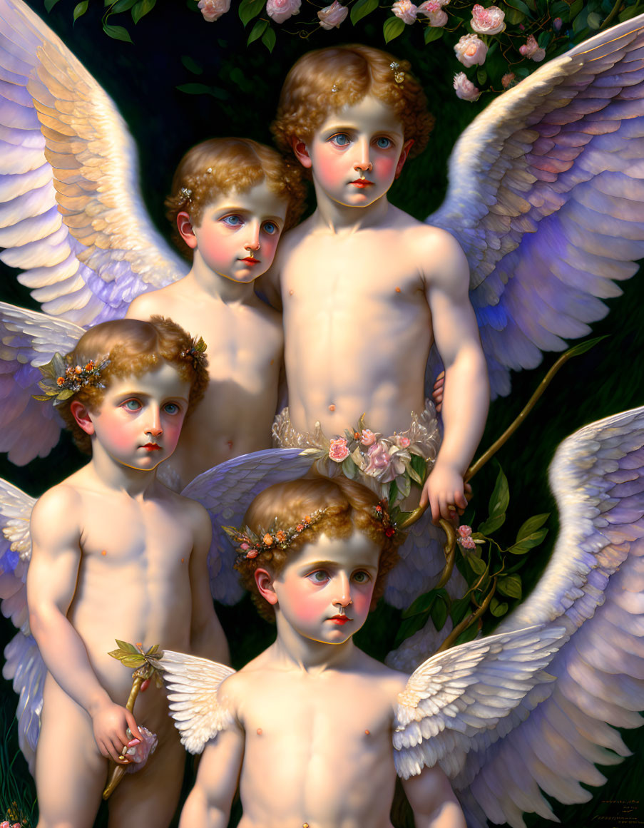 Angelic figures with wings and floral crowns on dark background