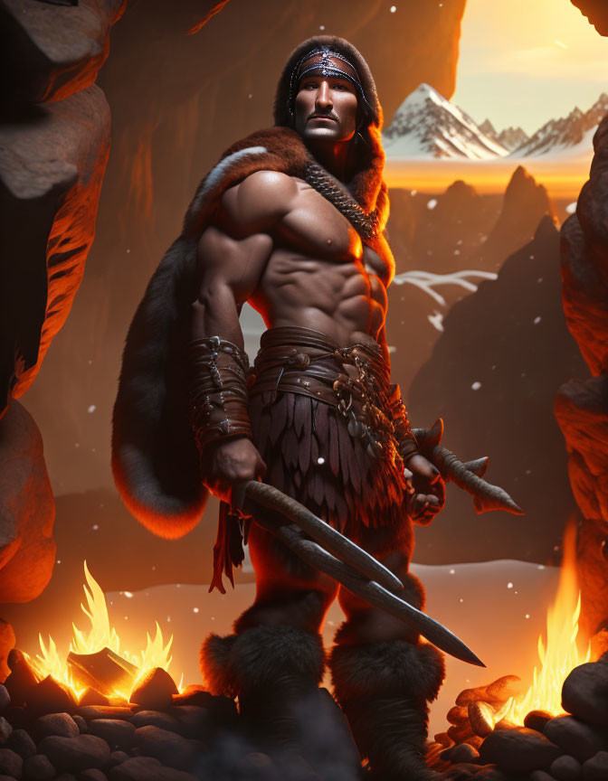 Muscular Warrior in Rugged Landscape with Daggers