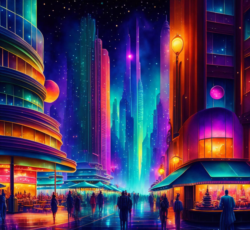 Futuristic neon-lit cityscape with skyscrapers and bustling streets