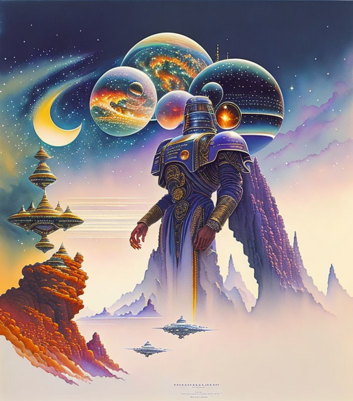 Giant Robot in Cosmic Alien Landscape and Spaceships