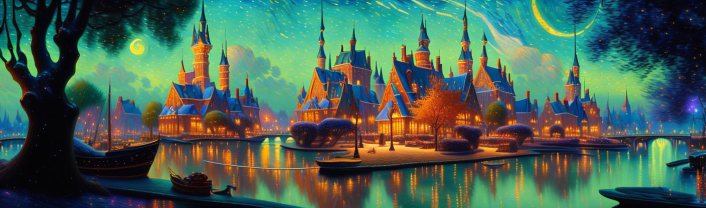 Vibrant fantastical cityscape with castle-like buildings at night