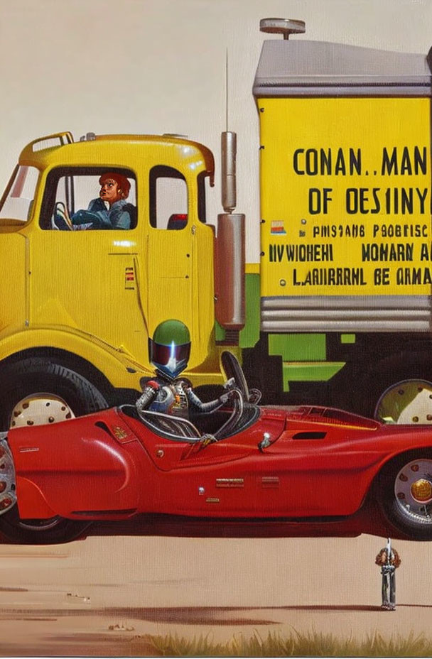 Vintage-style illustration of red racing car with silver robot driver and yellow truck on dusty road