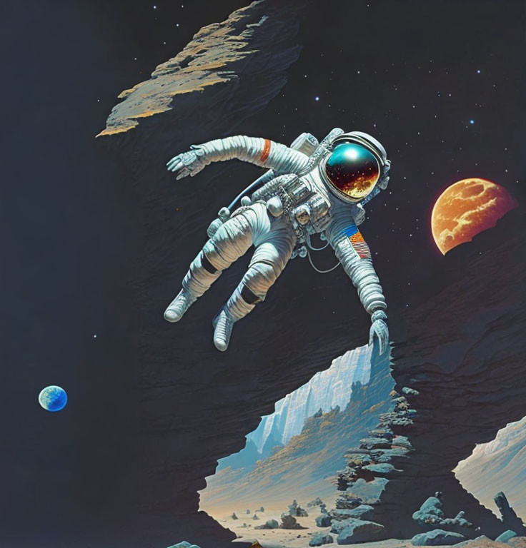 Astronaut in White Suit in Surreal Cosmic Landscape