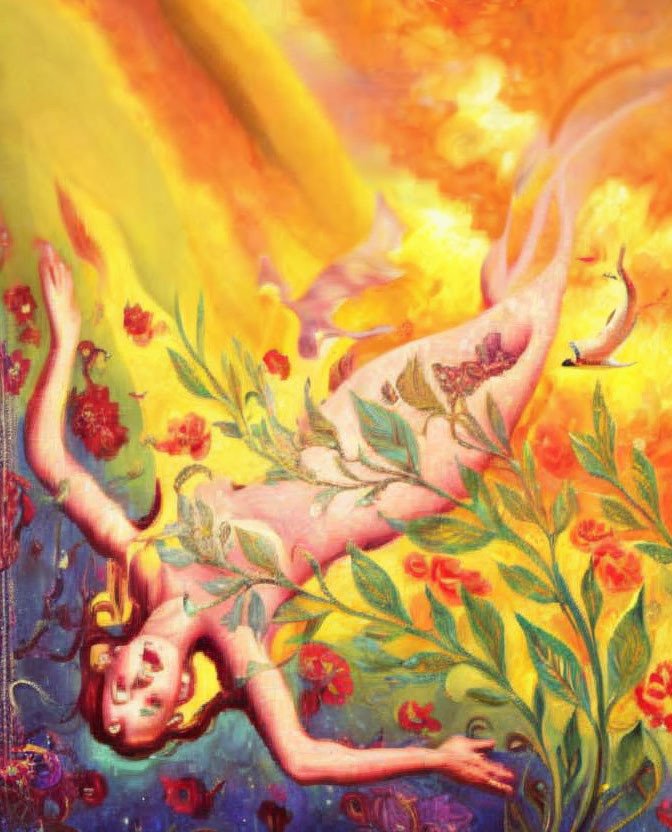 Colorful painting of woman with flowers and flames in warm hues