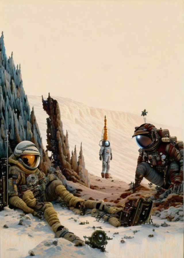 Three astronauts in retro space suits explore alien planet with unique rock formations and scattered equipment.