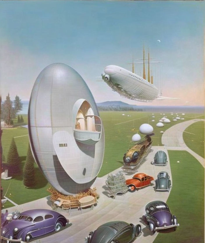 Retro-futuristic illustration of oval-shaped buildings, vintage cars, airship, and sailing ship