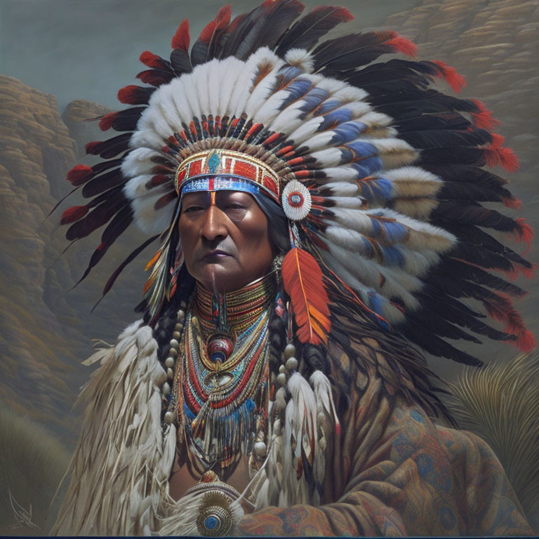 Native American Chief Portrait in Full Feather Headdress