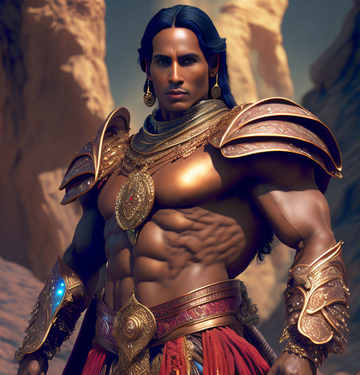 Muscular Warrior in Golden Armor in Desert Landscape