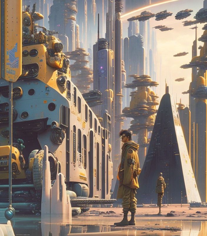 Person in flight jacket surrounded by robots and aircraft in futuristic cityscape