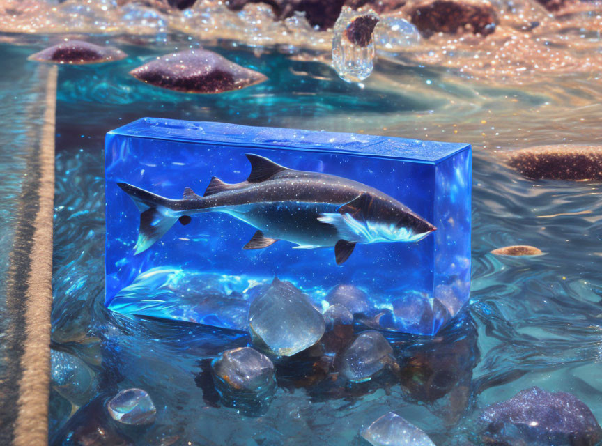 Transparent Blue Cube Encases Shark in Water with Ice Crystals