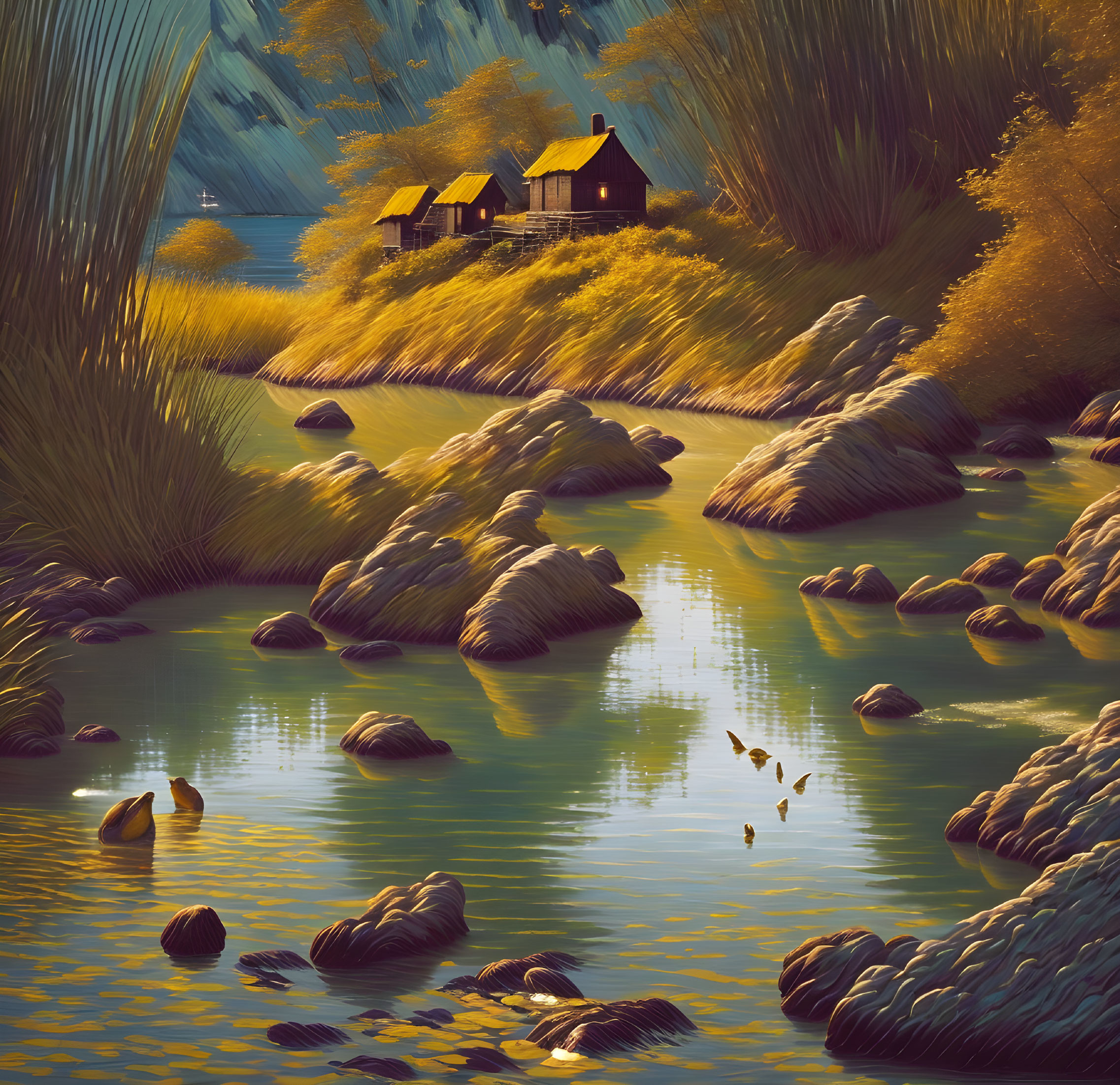 Tranquil riverside landscape with glowing house, golden foliage, rocks, ducks, and warm sky