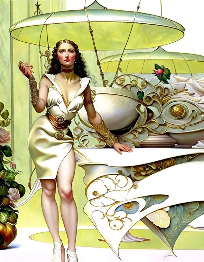 Futuristic digital artwork of woman in white dress with golden accents beside ornate mechanical contraption