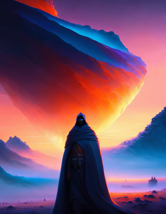 Cloaked figure on alien landscape with vibrant rock formation under colorful sky