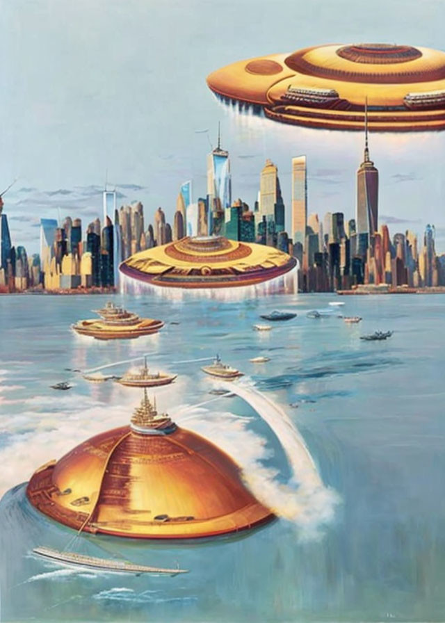 Unidentified Flying Objects over cityscape with boats and buildings under clear sky