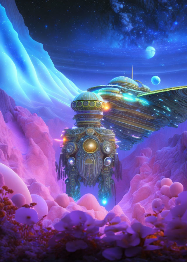 Luminous spaceship above pink alien landscape