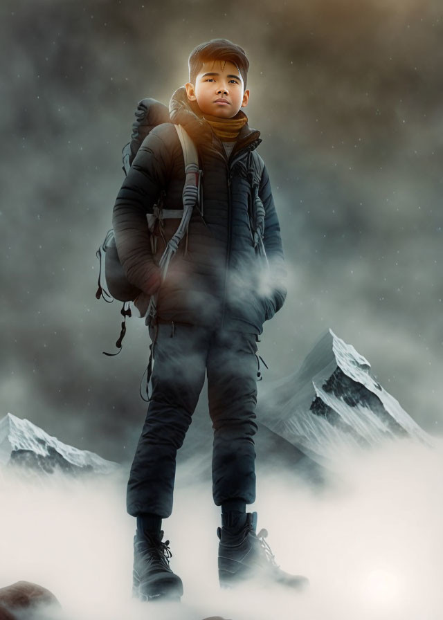 Young person in warm clothing amidst snowy mountainous landscape