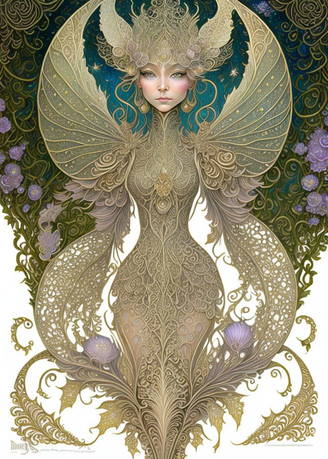 Fantastical Female Figure with Elaborate Wings and Attire in Decorative Nature Setting