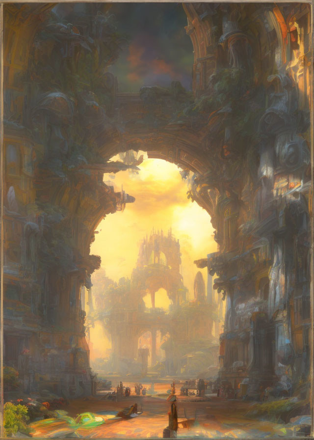 Ancient city at sunrise with arches, ruins, and cathedral in the distance