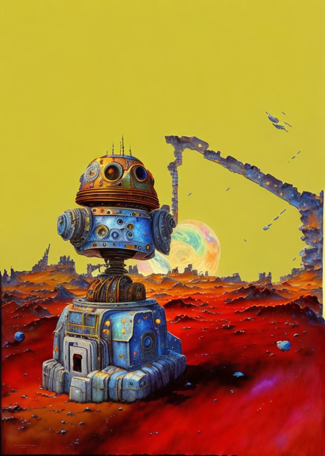 Vibrant robot painting in rocky landscape with tower and rising planet