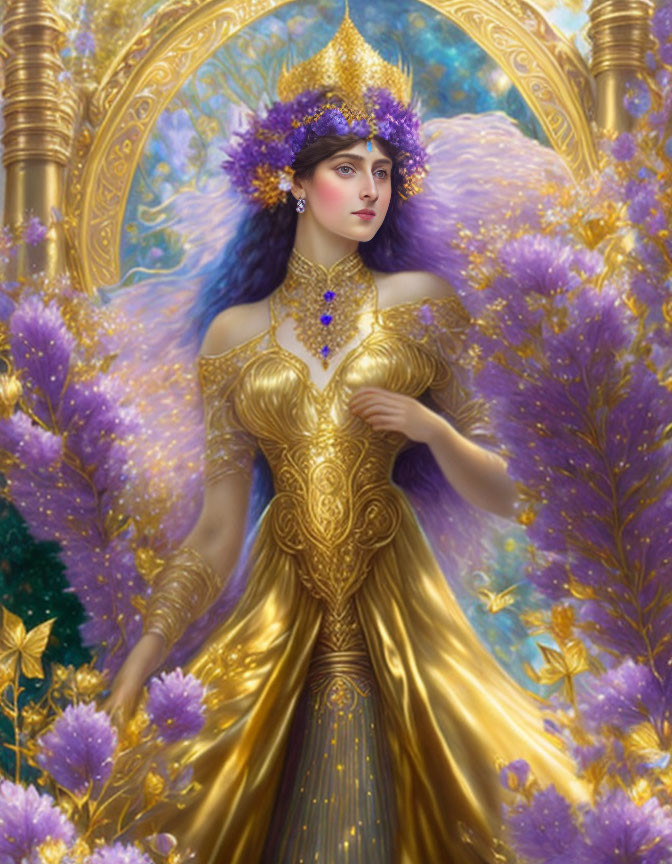 Majestic Figure in Golden Gown Among Purple Flowers