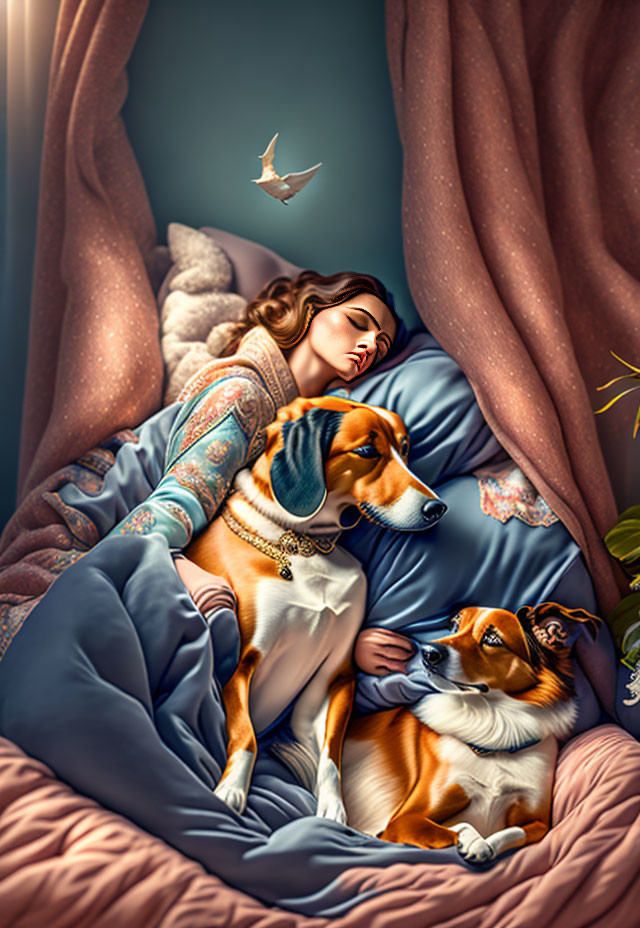 Illustrated woman with two beagles in serene bedroom setting with dove and soft lighting