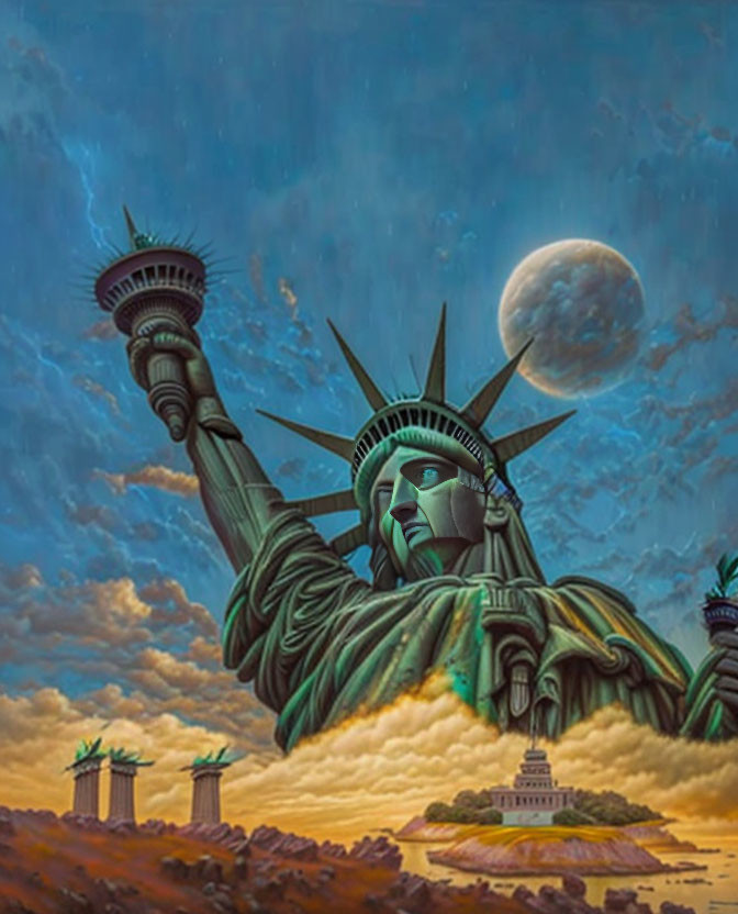 Statue of Liberty with multiple torches and eyes in surreal setting