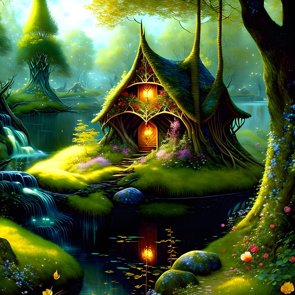 Fantasy woodland with whimsical flower house and glowing stream